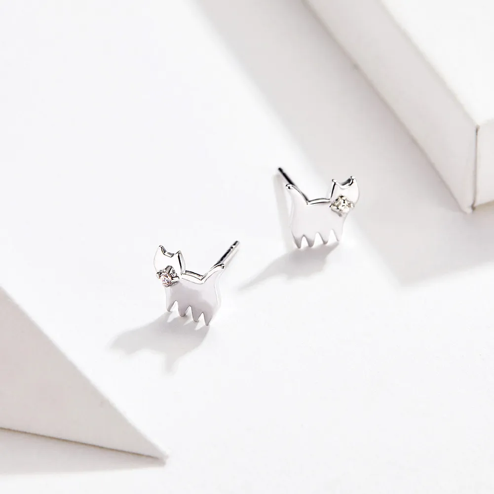 Pandora Style Silver Cute Cat Stud Earrings - SCE656