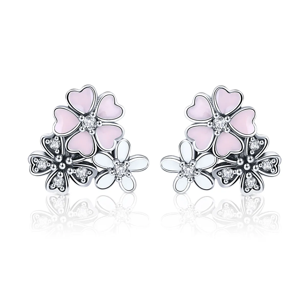 Pandora Style Silver Daisies and Cherry Blossoms Stud Earrings - SCE400