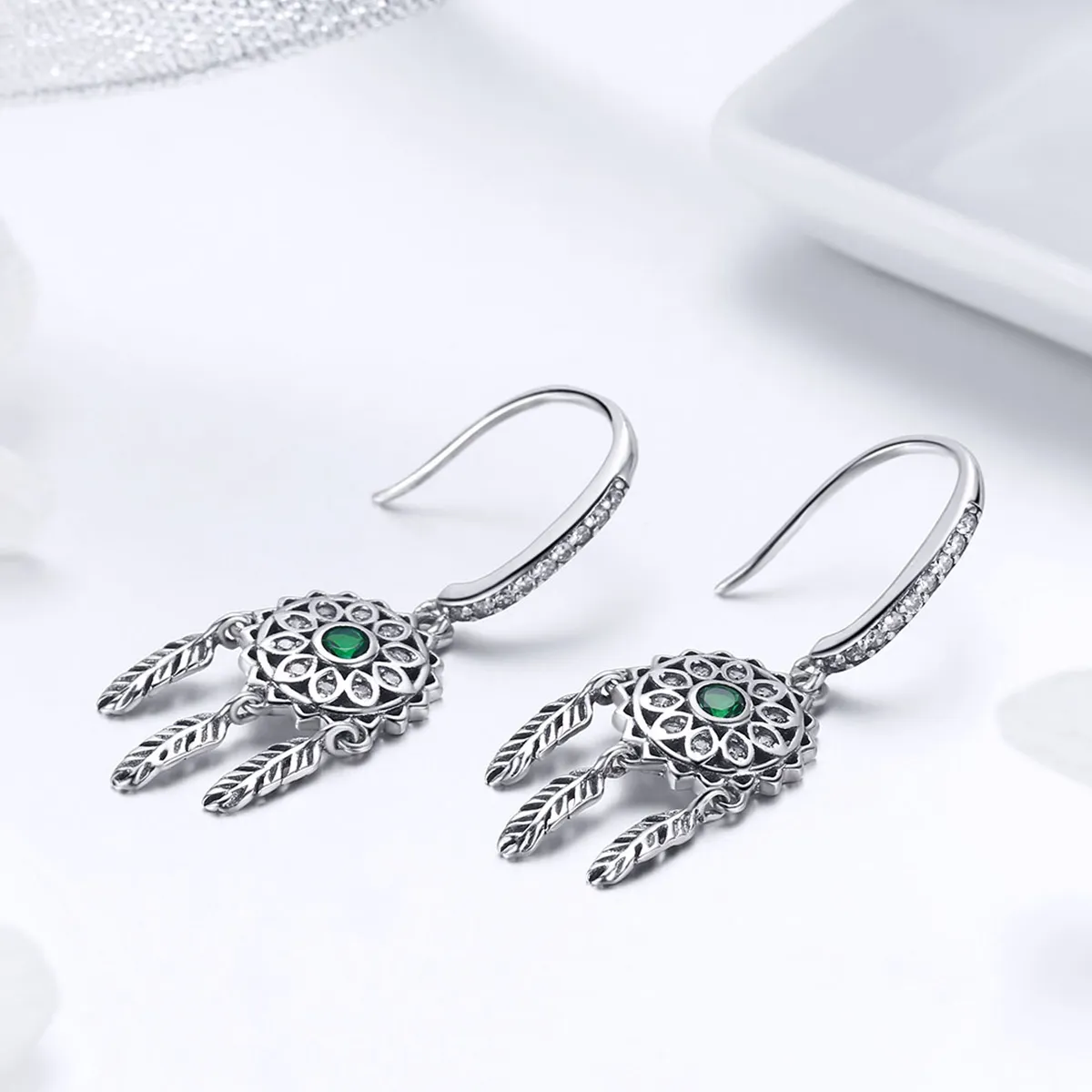 Pandora Style Silver Dreamcatcher Hanging Earrings - SCE441