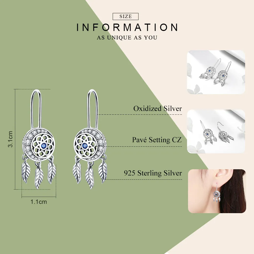 Pandora Style Silver Dreamcatcher Hanging Earrings - SCE497