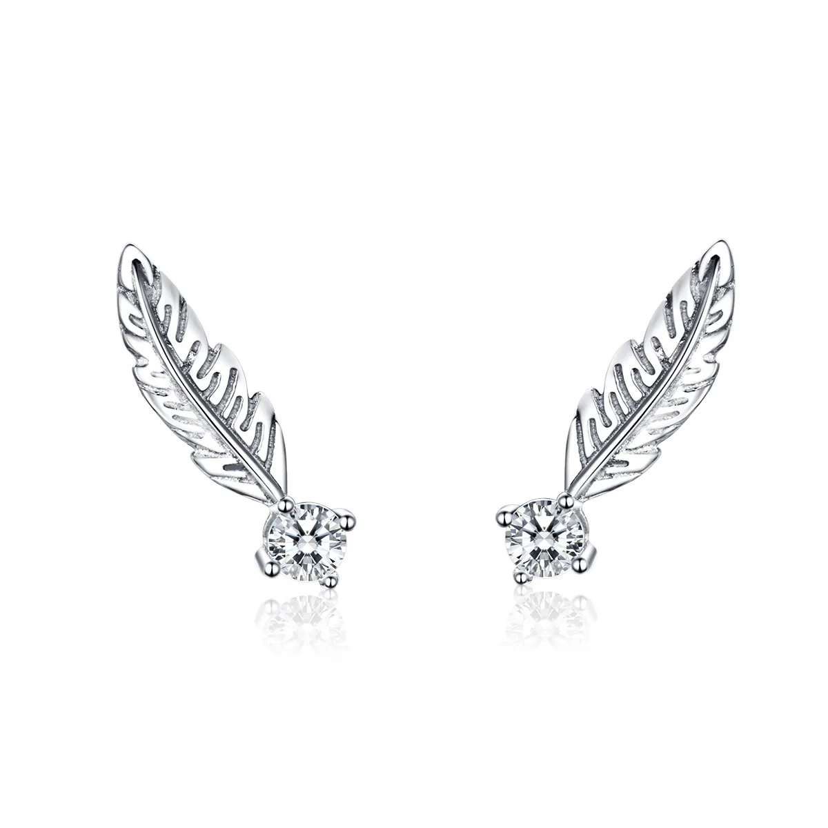 Pandora Style Silver Feather Stud Earrings - SCE610