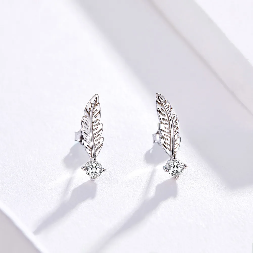 Pandora Style Silver Feather Stud Earrings - SCE610