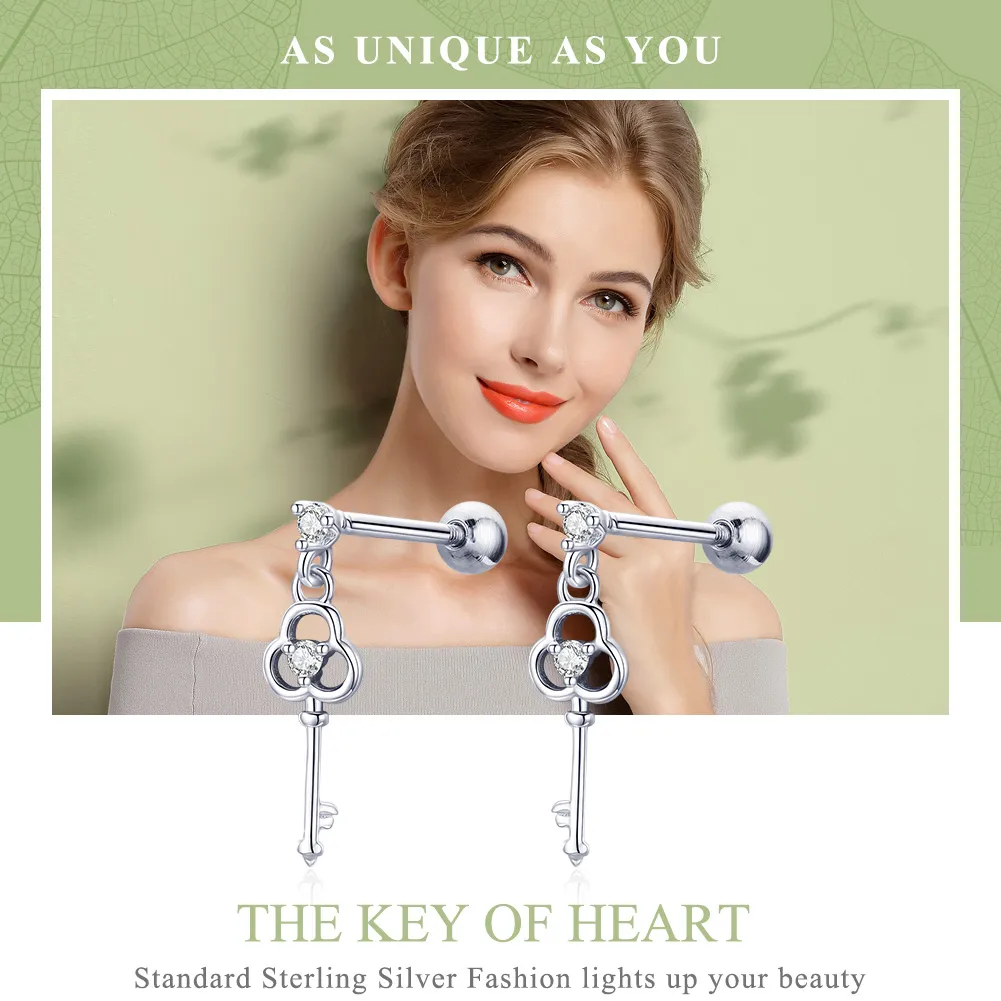 Pandora Style Silver Key of Heart Hanging Earrings - SCE539