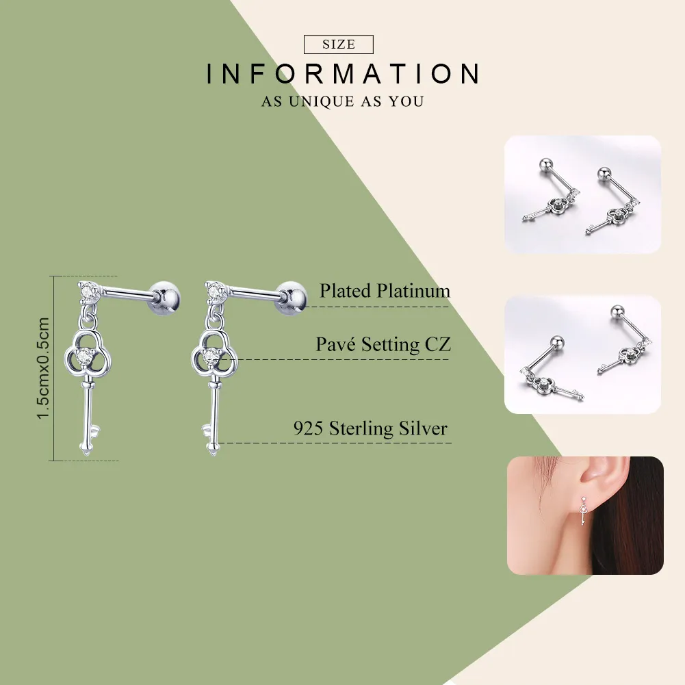 Pandora Style Silver Key of Heart Hanging Earrings - SCE539