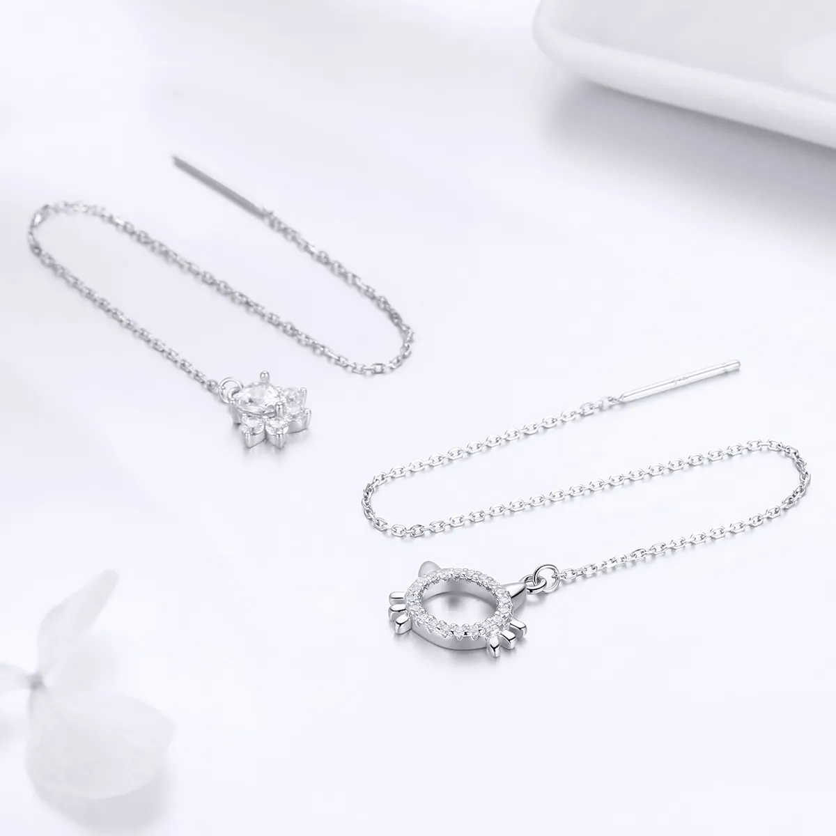 Pandora Style Silver Kitty & Paw Hanging Earrings - SCE483
