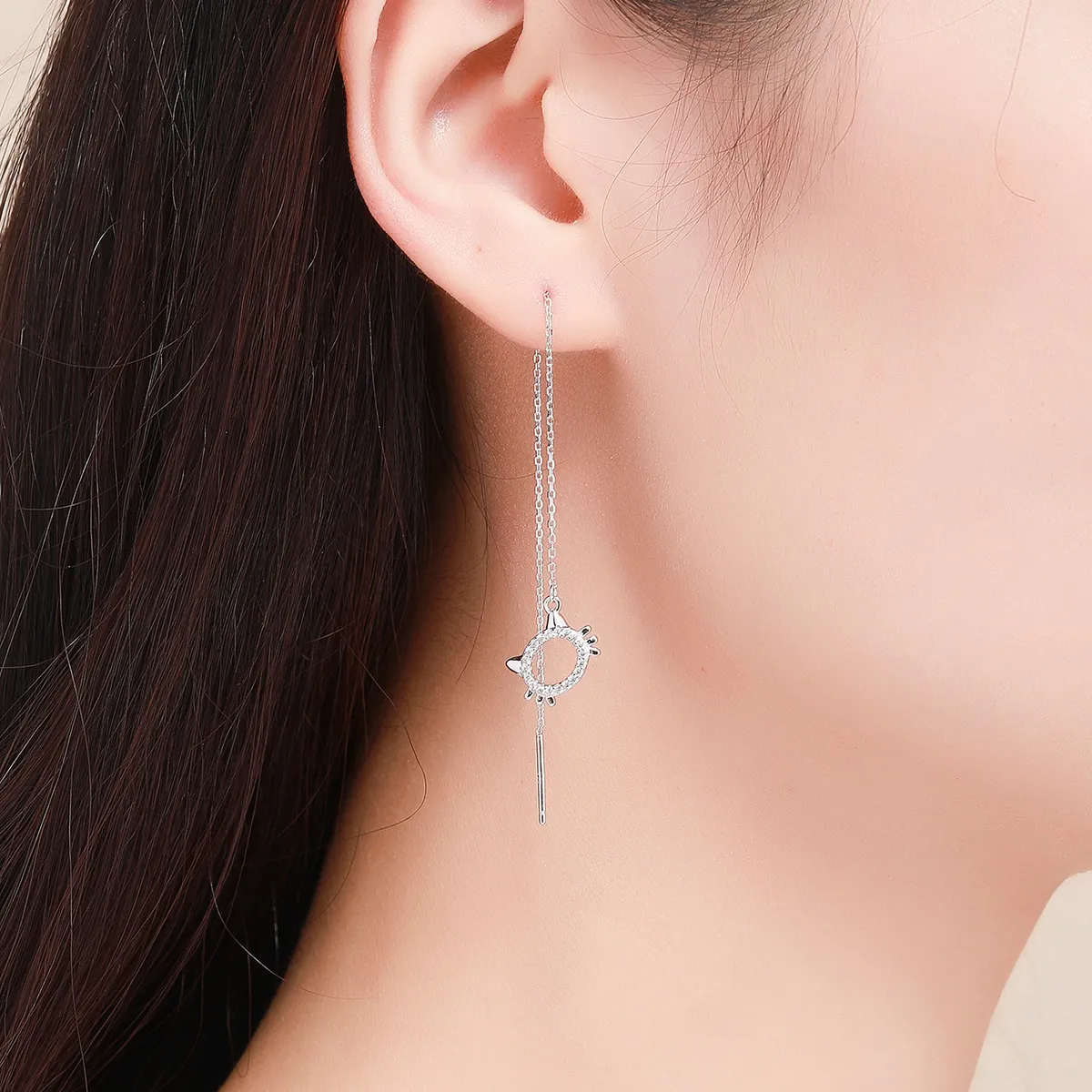 Pandora Style Silver Kitty & Paw Hanging Earrings - SCE483