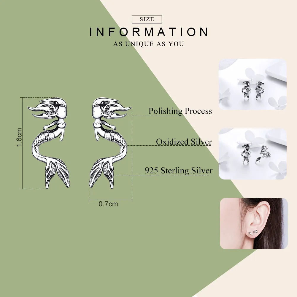 Pandora Style Silver Mermaid Stud Earrings - SCE588