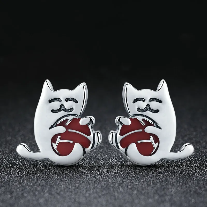 Pandora Style Silver Naughty Kitten Stud Earrings - SCE224