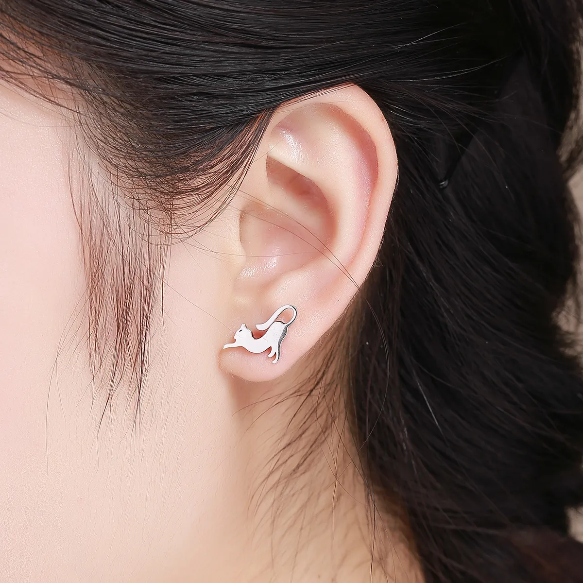 Pandora Style Silver Playing Kitty Stud Earrings - SCE366