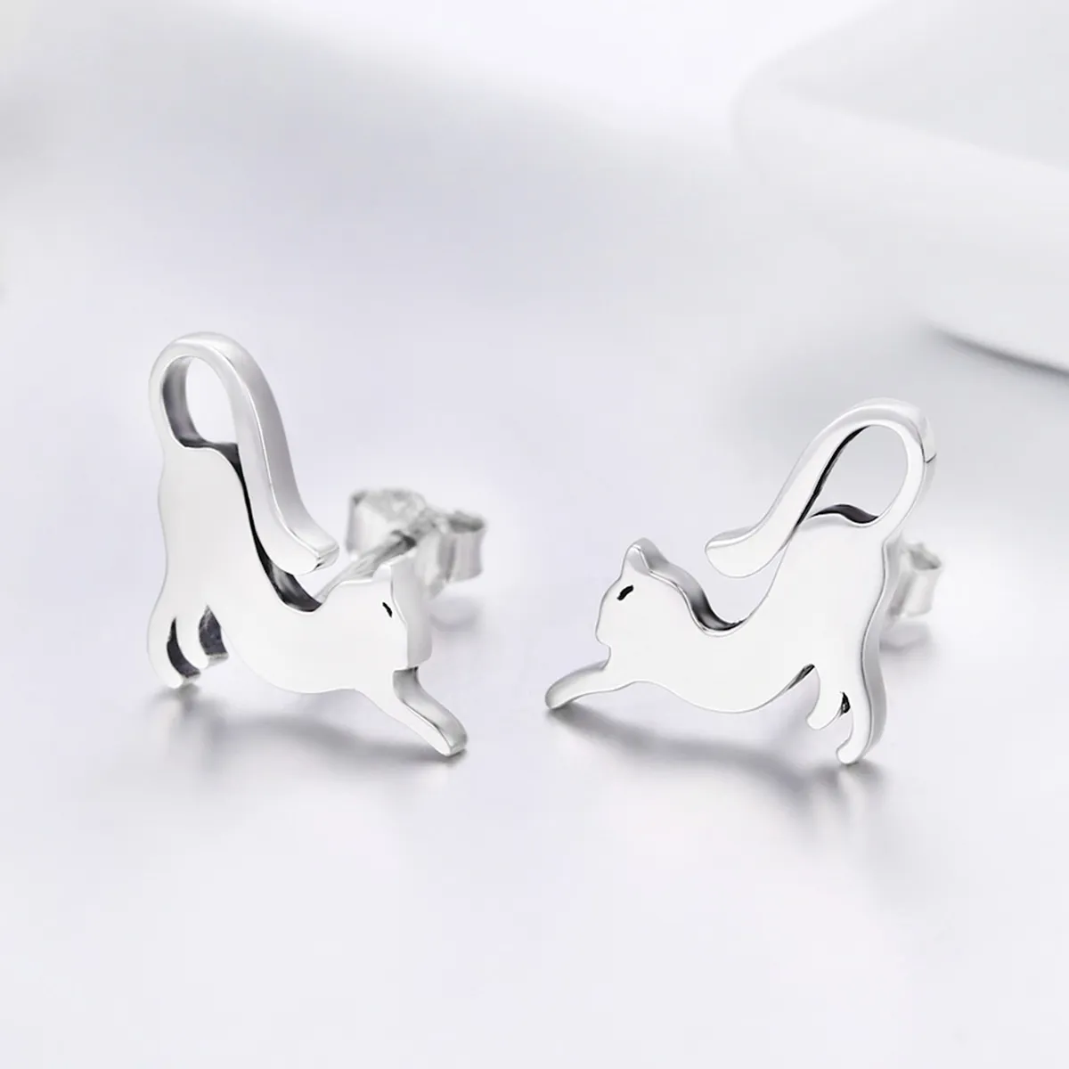 Pandora Style Silver Playing Kitty Stud Earrings - SCE366