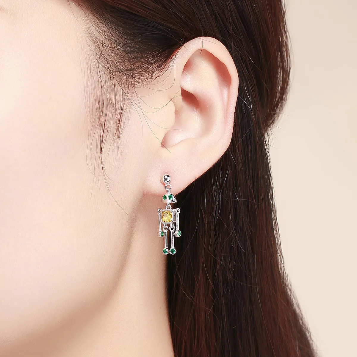 Pandora Style Silver Robot Hanging Earrings - SCE491
