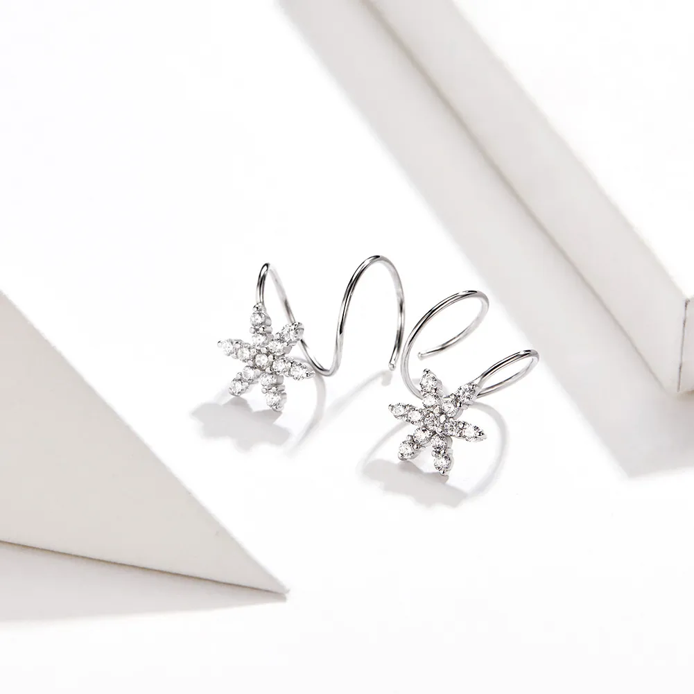 Pandora Style Silver Snowflake Hanging Earrings - SCE651