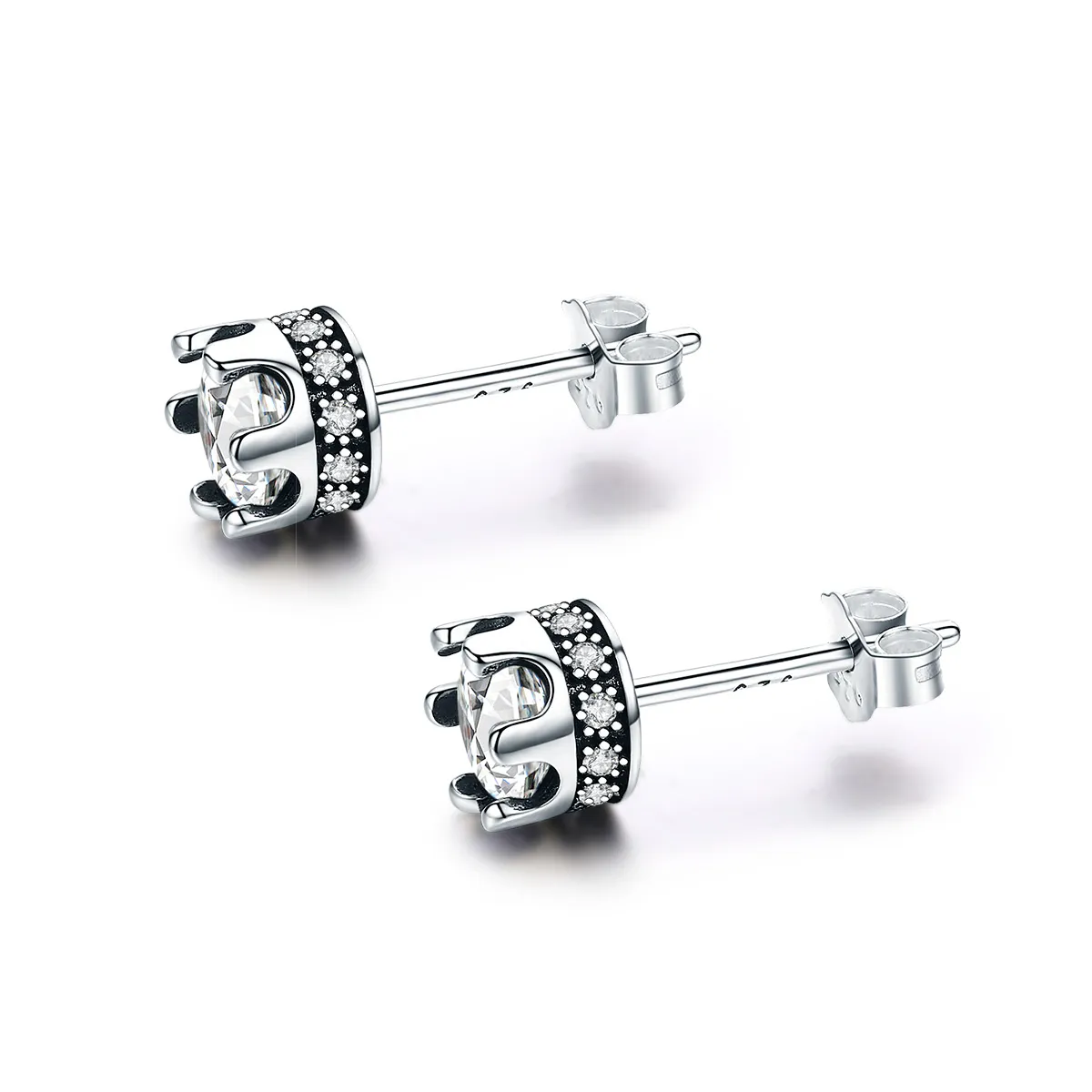 Pandora Style Silver Sparkly Crown Stud Earrings - SCE311