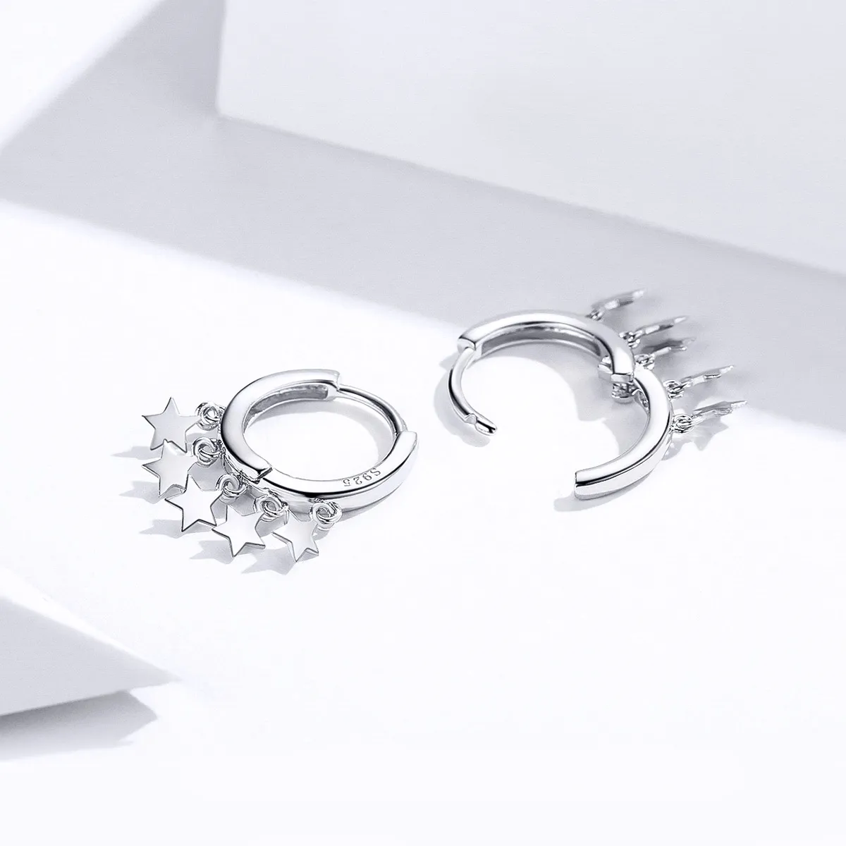 Pandora Style Silver Stars Tassel Hoop Earrings - SCE684