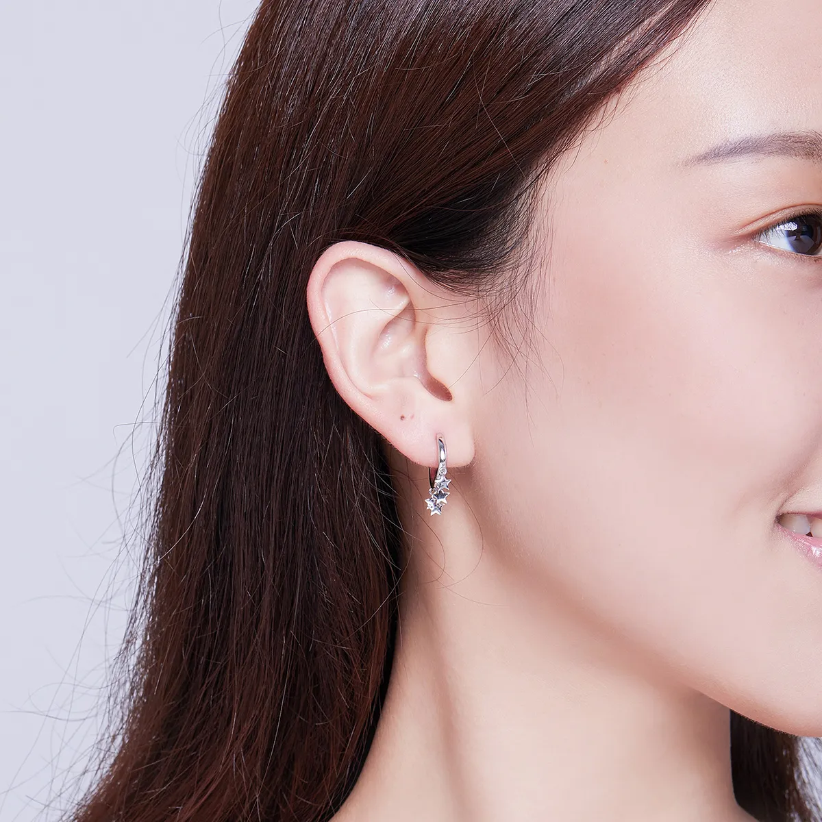 Pandora Style Silver Stars Tassel Hoop Earrings - SCE684