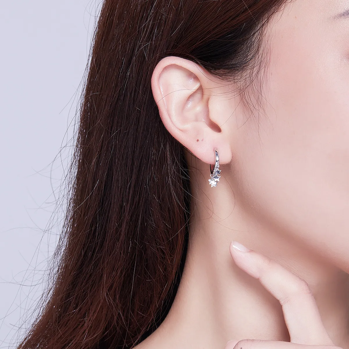 Pandora Style Silver Stars Tassel Hoop Earrings - SCE684