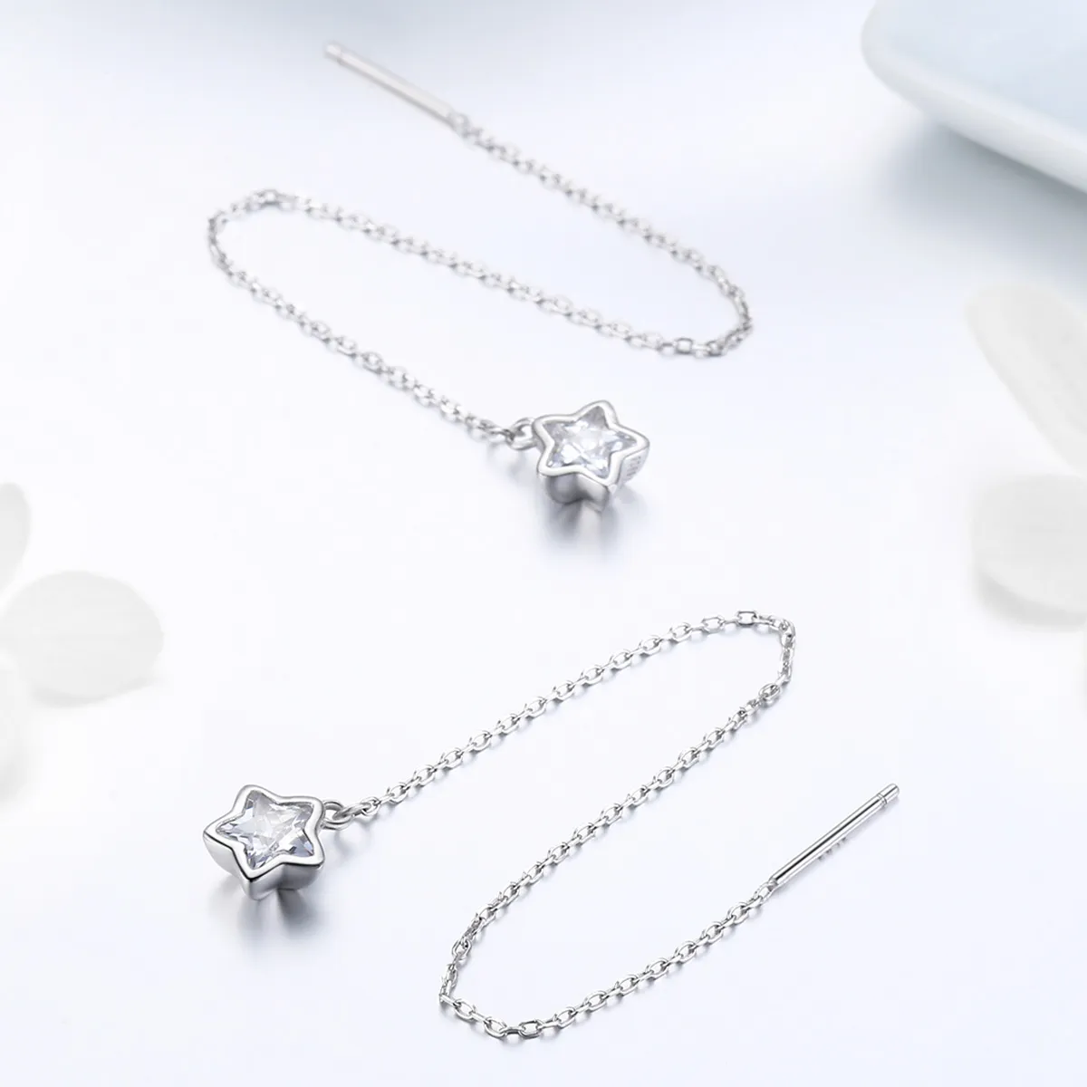 Pandora Style Silver Stars Waiting Hanging Earrings - SCE470