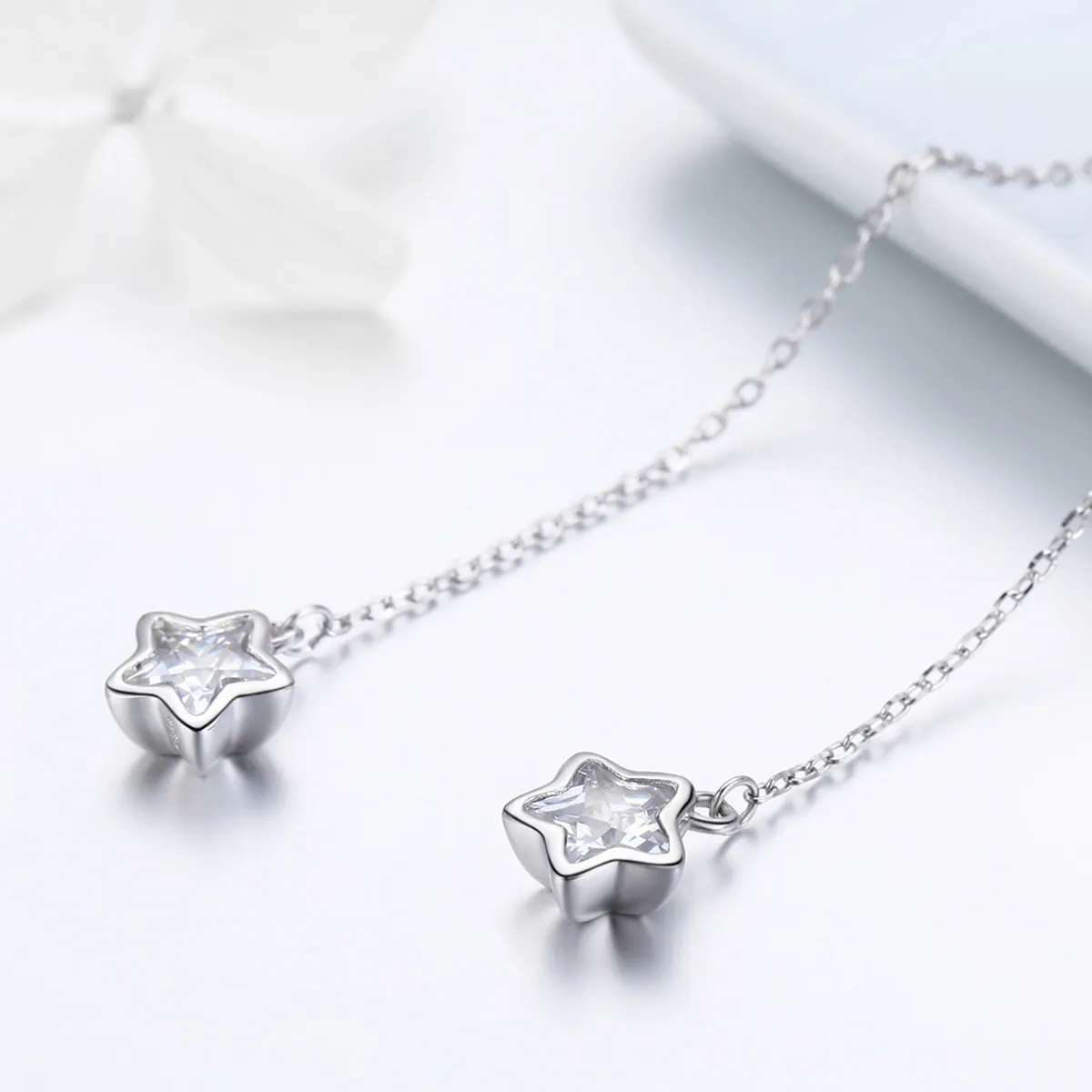 Pandora Style Silver Stars Waiting Hanging Earrings - SCE470