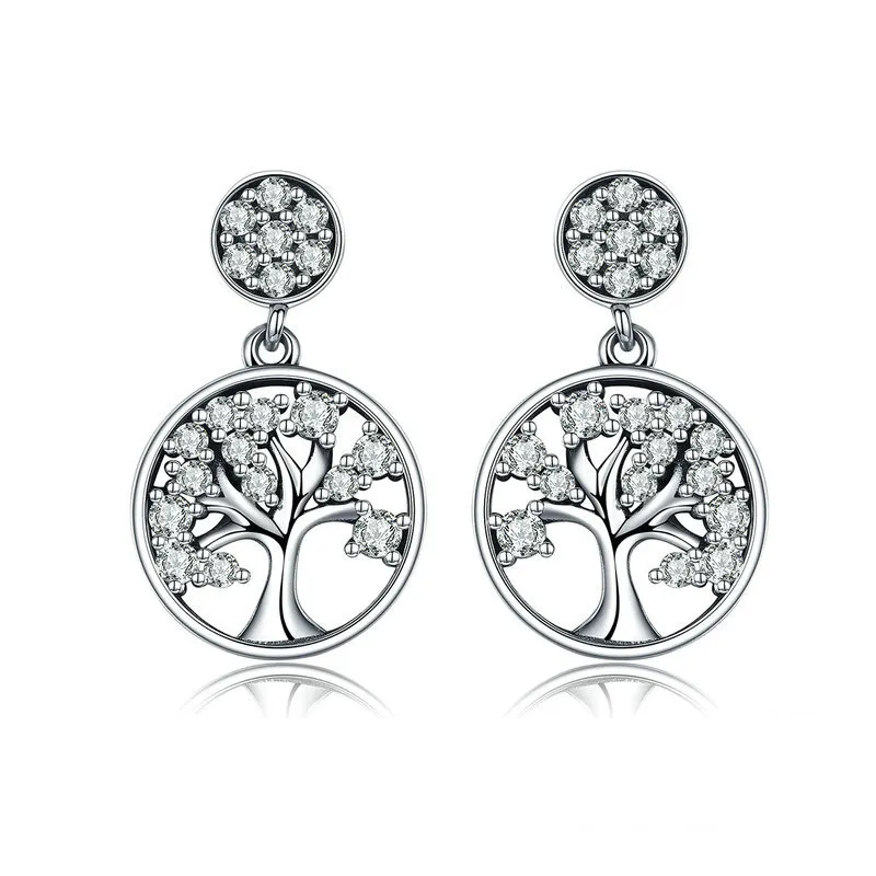 pandora style silver tree of life hanging earrings sce067