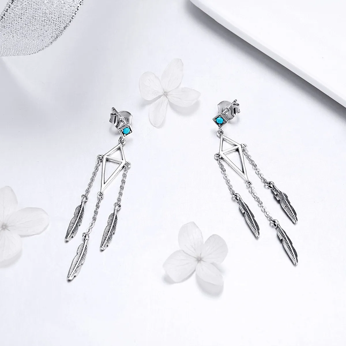 Pandora Style Silver Wind Chimes of Feather Hanging Earrings - SCE529