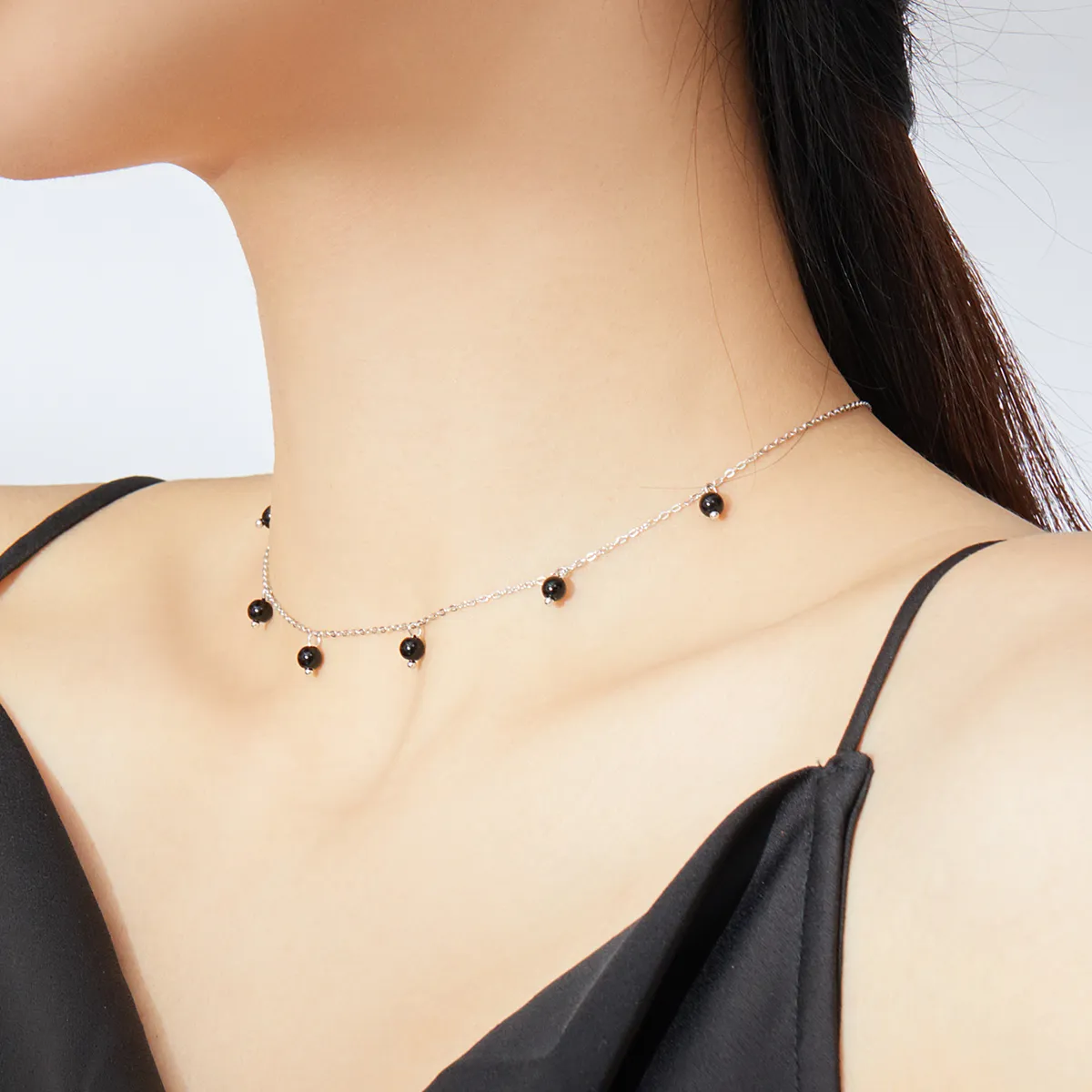 Pandora Style Silver Black Crystal Necklace - SCN392