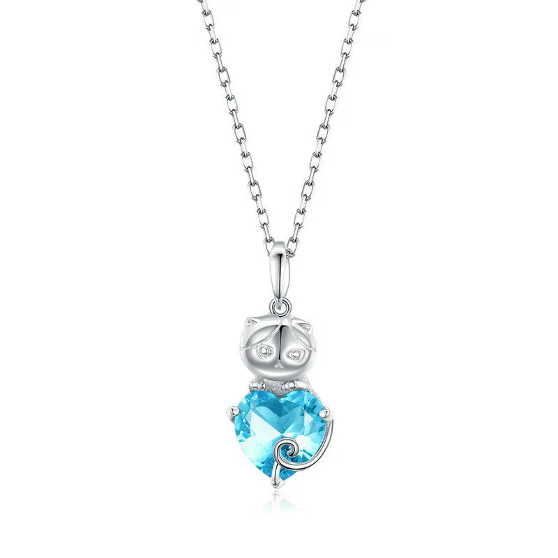 Pandora Style Silver Blue Cat Necklace - SCN331