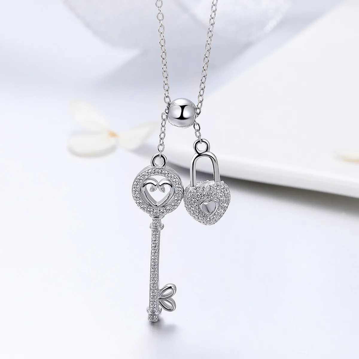 Pandora Style Silver Key of Heart Lock Necklace - SCN290