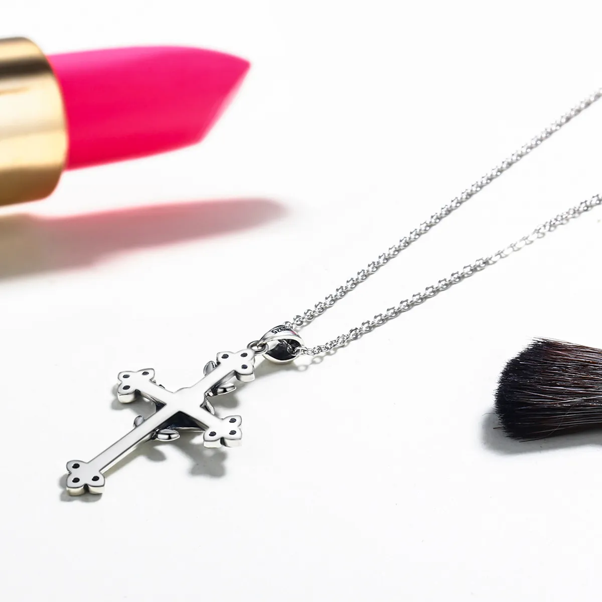 Pandora Style Silver Rose Cross Necklace - SCN091