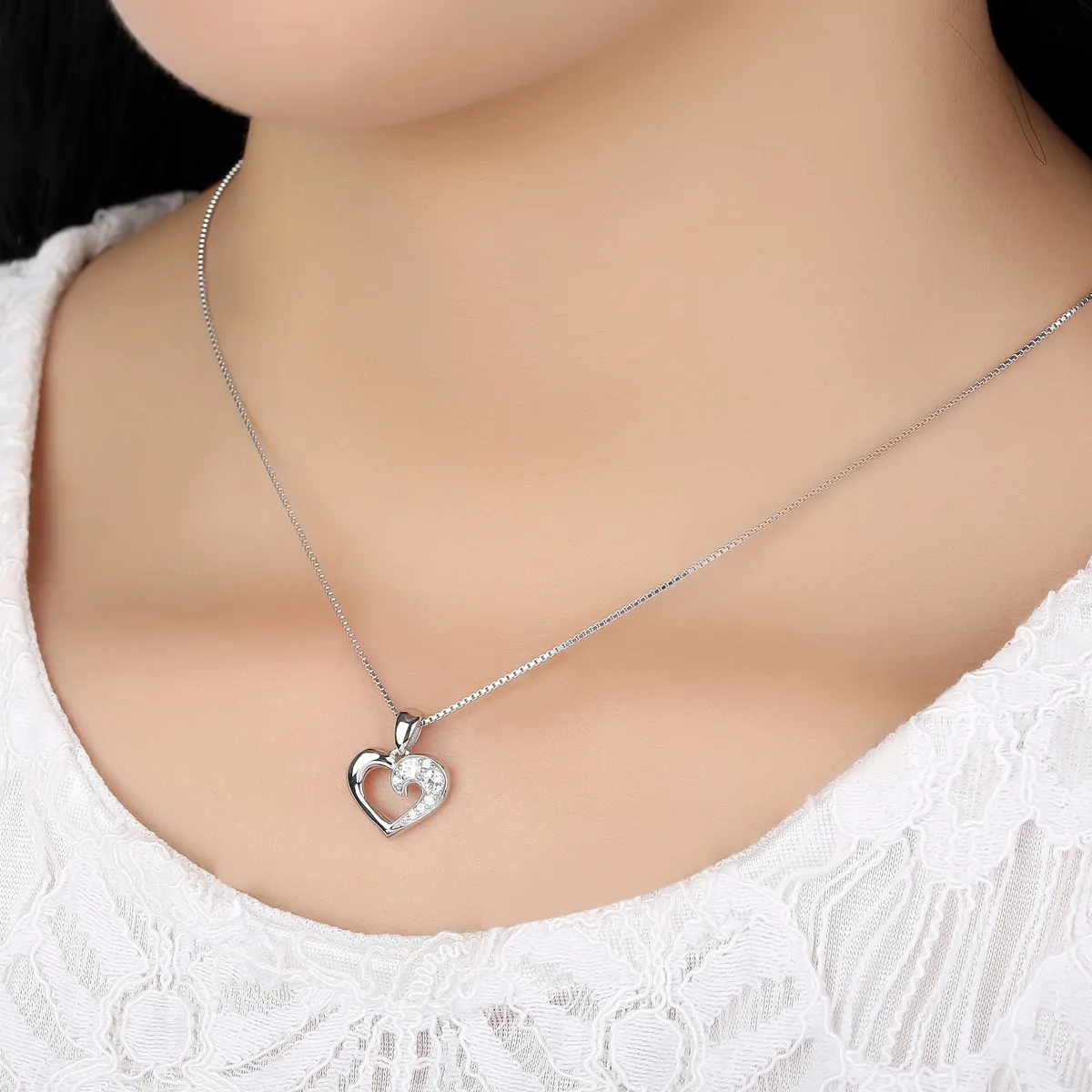 Pandora Style Silver Sparkle Heart Necklace - SCN028