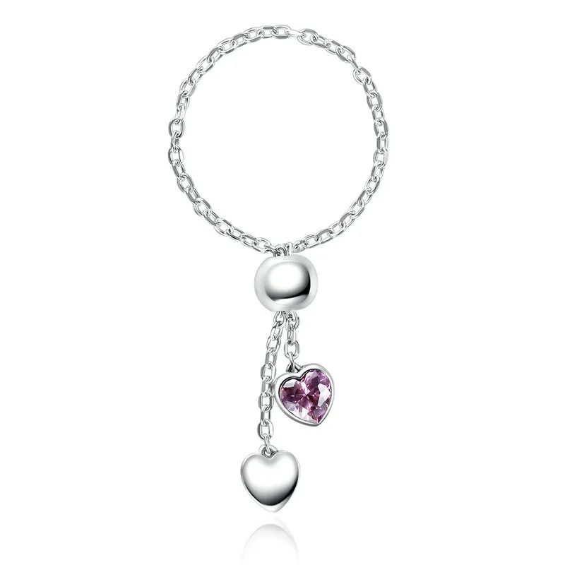 Pandora Style Silver Pink Heart Chain Ring - SCR015